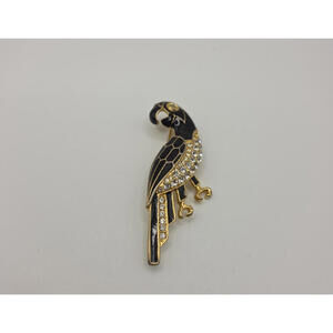 Vintage Parrot Brooch | Black Enamel & Rhinestone Bird Pin | Gold Tone Statement